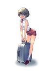  1girl androgynous black_hair blue_eyes flat_chest fujisawa_takashi glasses highres necktie original shirt short_hair short_sleeves sleeveless sleeveless_shirt solo suitcase white_background 