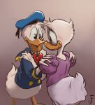 2022 absurd_res anatid anseriform anthro avian bird clothed clothing daisy_duck deadfish32 digital_media_(artwork) disney donald_duck duck duo embrace eye_contact female happy hi_res hug looking_at_another male partially_clothed romantic simple_background smile 