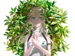  1girl apple artoria_caster_(fate) artoria_pendragon_(fate) bare_shoulders blonde_hair breast_pocket fate/grand_order fate_(series) food fruit green_apple green_eyes highres holding_own_wrist leaf long_hair looking_to_the_side lsolo pocket shirt sleeveless solo ubwmitekure upper_body white_background white_shirt 