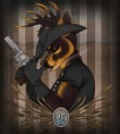  anthro antlers canid canine canis cervid cigar concho cowboy dobermann domestic_dog goth gun handgun hi_res horn humanoid liam_(disambiguation) male mammal pinscher pistol ranged_weapon revolver smoke solo thehuntingwolf weapon western wheat 