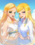  2girls bangs blue_eyes blue_ribbon blue_sky blunt_bangs bracer breasts cloud dress gold_necklace green_eyes hair_ribbon heart highres jewelry long_hair long_sleeves looking_at_viewer medium_breasts multiple_girls necklace nm_cco open_mouth outdoors own_hands_together parted_bangs pointy_ears princess_zelda ribbon sidelocks sky smile strapless strapless_dress teeth the_legend_of_zelda the_legend_of_zelda:_breath_of_the_wild the_legend_of_zelda:_skyward_sword thick_eyebrows upper_body upper_teeth white_dress wide_sleeves 