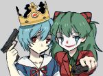  2girls ayanami_rei blue_hair burger_king collared_shirt cosplay crown formal green_hair green_shirt grey_background gun highres holding holding_gun holding_weapon joker_(2019) joker_(dc) joker_(dc)_(cosplay) long_hair multiple_girls neon_genesis_evangelion pointing_gun red_suit school_uniform shirt short_hair simple_background snale souryuu_asuka_langley suit vest weapon yellow_vest 