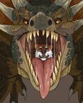  absurd_res anthro blue_eyes bodily_fluids brown_body brown_ears brown_fur claws dipstick_ears dragon duo facial_spots front_view fur glistening glistening_eyes glistening_tongue green_body green_scales hi_res horn imperatorcaesar male mouth_shot multicolored_ears open_mouth oral_vore orange_eyes orange_sclera pink_tongue pupils saliva saliva_string scales simple_background slit_pupils species_request spots spotted_body spotted_ears spotted_face spotted_fur tan_teeth tongue tongue_out vore white_body white_fur 