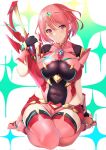  1girl aegis_sword_(xenoblade) bangs black_gloves breasts chest_jewel daive earrings fingerless_gloves gem gloves headpiece highres jewelry large_breasts pyra_(xenoblade) red_eyes red_hair red_shorts short_hair short_shorts shorts solo swept_bangs sword thighhighs tiara weapon xenoblade_chronicles_(series) xenoblade_chronicles_2 