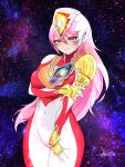  1girl absurdres arm_under_breasts bodysuit chinese_commentary covered_navel fang fang_out floating_hair genderswap genderswap_(mtf) hand_on_own_thigh helmet highres holding_own_arm humanization long_hair looking_ahead pink_hair smile solo space tokusatsu ultra_series ultraman_decker ultraman_decker_(series) yi_(user_jwth4284) 