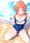  1girl abe_nana animal_ears ass_visible_through_thighs blue_swimsuit blush breasts cleavage collarbone groin idolmaster idolmaster_cinderella_girls kneeling large_breasts light_smile looking_at_viewer menea name_tag old_school_swimsuit one-piece_swimsuit orange_hair ponytail pool poolside rabbit_ears school_swimsuit skin_tight skindentation solo swimsuit swimsuit_tug thighhighs white_thighhighs 