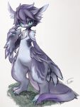  absurd_res avian big_hands biped blue_claws blue_eyes claws feathers fur grey_body grey_feathers grey_fur hair hi_res kemono looking_at_viewer purple_body purple_feathers purple_fur purple_hair rady-wolf signature simple_background solo standing unavailable_at_source white_background 