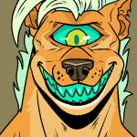  1_eye anthro blue_hair blue_sclera blue_teeth brown_background brown_nose front_view green_eyes grin hair headshot_portrait imperatorcaesar light_hair low_res male orange_body orange_ears orange_inner_ear portrait sharp_teeth simple_background smile solo teeth 