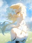  1girl absurdres bangs bare_shoulders blonde_hair blue_sky breasts cleavage cloud criss-cross_halter day detached_sleeves dress floating_hair flower from_side genshin_impact grass hair_flower hair_ornament halter_dress halterneck highres looking_up lumine_(genshin_impact) mountainous_horizon open_mouth outdoors short_hair_with_long_locks sky solo upper_body white_dress white_flower yellow_eyes yi_mi 