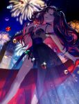  1girl bangs bare_legs black_choker black_dress black_hair black_ribbon blue_eyes breasts choker colored_inner_hair dress elizabeth_tower fate/grand_order fate_(series) fireworks gem hair_ribbon highres holding holding_gem ishtar_(fate) long_dress looking_at_viewer multicolored_hair night night_sky official_alternate_costume one_eye_closed open_mouth outdoors parted_bangs red_hair ribbon sky small_breasts solo space_ishtar_(fate) star_(sky) starry_sky thighlet tohsaka_rin twintails two-tone_hair ubwmitekure 