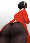  1girl absurdres ass ass_focus back backless_outfit bare_shoulders beehive_hairdo black_hair black_panties blush earrings from_behind hairband half-closed_eyes highres jewelry long_sleeves looking_at_viewer looking_back off-shoulder_sweater off_shoulder panties pantyhose red_eyes red_sweater see-through see-through_legwear simple_background solo spy_x_family sweater the_only_shoe thighs underwear white_background white_hairband yor_briar 