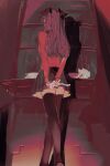  1girl abstract arms_behind_back black_hair black_skirt black_thighhighs bow crossed_legs cup fate/stay_night fate_(series) from_behind from_below hair_bow highres long_hair own_hands_together painterly red_shirt shirt skirt solo teacup teapot thighhighs tohsaka_rin two_side_up ubwmitekure watson_cross 