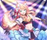  1girl :d animal_ear_fluff animal_ears belt black_gloves black_skirt blonde_hair blue_eyes breasts cleavage commission cowboy_shot crop_top detached_collar fox_ears fox_girl fox_tail frilled_shirt frills gloves hizuki_rurufu long_hair looking_at_viewer medium_breasts midriff miniskirt navel outstretched_arms pleated_skirt shirt skeb_commission skirt smile snack_nili solo standing stomach tail tail_raised tomobe_kinuko virtual_youtuber white_shirt 