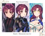  3girls bangs bare_shoulders bazett_fraga_mcremitz black_bodysuit black_gloves black_necktie black_suit blue_necktie blush bodysuit border breasts brown_gloves character_name cleavage closed_mouth commentary_request detached_collar dress english_text fate/grand_order fate_(series) flustered formal gloves grey_jacket hair_tubes jacket large_breasts long_hair long_sleeves looking_at_viewer low_ponytail manannan_mac_lir_(fate) manannan_mac_lir_(first_ascension)_(fate) manannan_mac_lir_(second_ascension)_(fate) manannan_mac_lir_(third_ascension)_(fate) mole mole_under_eye multiple_girls multiple_persona necktie open_clothes open_jacket open_mouth parted_bangs purple_dress purple_eyes purple_shirt rizu033 serious shirt short_hair smile suit teeth white_border white_dress yellow_eyes 
