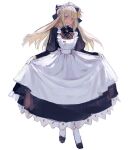  1girl alternate_costume apron artoria_caster_(fate) artoria_pendragon_(fate) black_bow black_dress blonde_hair blush bow brooch curtsey dress enmaided fate/grand_order fate_(series) frilled_dress frills gloves green_eyes hair_bow highres jewelry juliet_sleeves long_hair long_sleeves maid maid_apron maid_headdress nose_blush pantyhose puffy_sleeves solo sweatdrop ubwmitekure white_background white_gloves 