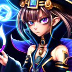  1girl bangs bare_shoulders brown_hair cape dark_magician_girl dress gold_trim hair_ornament hat looking_at_viewer magic non-web_source original petite purple_dress purple_eyes robe solo staff wizard wizard_hat yu-gi-oh! 