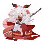  arm_at_side ass character_request chibi code009 convenient_leg crossed_legs flipped_hair food food_request fork full_body grin hair_over_one_eye holding holding_fork horns in_food japanese_clothes kimono leggings looking_at_viewer macaron no_shoes one_eye_covered oversized_object red_eyes red_leggings shanhai_jing_hua sharp_teeth simple_background sitting smile solo teeth white_background white_kimono wide_sleeves 