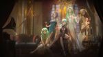  5girls absurdres alcohol armchair blonde_hair breasts byleth_(fire_emblem) byleth_(fire_emblem)_(female) candelabra catherine_(fire_emblem) chair couch cup dark-skinned_female dark_skin drill_hair drinking_glass fire_emblem fire_emblem:_three_houses flayn_(fire_emblem) garter_straps green_hair high_heels highres irisl looking_at_viewer multiple_girls rhea_(fire_emblem) shamir_nevrand shoe_dangle sitting thighhighs tiara twin_drills window wine wine_glass 