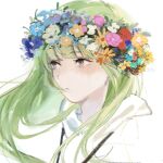  androgynous bangs blue_flower drawstring enkidu_(fate) fate/strange_fake fate_(series) floating_hair flower flower_wreath green_hair grey_eyes head_wreath highres long_hair looking_away pink_flower portrait purple_flower red_flower simple_background solo white_background white_flower yellow_flower zhizhicyzey 