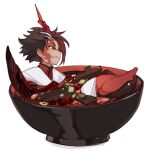  1boy bare_legs barefoot black_hair character_request chibi code009 colored_skin food food_request from_side frown horns in_bowl in_container in_food japanese_clothes kimono legs_up looking_away male_focus multicolored_hair multicolored_skin partially_submerged profile red_eyes red_hair red_skin shanhai_jing_hua short_hair simple_background single_horn sitting solo soup streaked_hair undershirt white_background white_kimono 