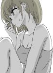  1girl blush breasts camisole cleavage collarbone green_hair greyscale holding holding_hair idolmaster idolmaster_shiny_colors knees_up looking_afar medium_breasts monochrome nanakusa_nichika nishino_hikoji short_hair solo spot_color sweat upper_body 