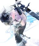  1girl armor armpits bangs black_gloves blue_eyes buckler closed_mouth cofffee elbow_gloves final_fantasy final_fantasy_xiii final_fantasy_xiii-2 from_side gloves holding holding_sword holding_weapon lightning_farron long_hair pink_hair shield solo sword vambraces weapon 