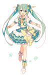  1girl 4_(nakajima4423) :d aqua_hair aqua_skirt arms_at_sides bow clenched_hand contrapposto criss-cross_halter crop_top cross-laced_footwear detached_collar dot_nose floral_background flower footwear_ribbon frilled_skirt frills full_body green_eyes green_flower green_ribbon green_skirt hair_between_eyes hair_ribbon halterneck hatsune_miku highres idol knees_together_feet_apart layered_skirt light_blush long_hair looking_at_viewer more_more_jump!_(project_sekai) open_mouth plaid plaid_ribbon plaid_skirt project_sekai puffy_short_sleeves puffy_sleeves ribbon shoes short_sleeves simple_background single_horizontal_stripe skirt smile solo standing standing_on_one_leg twintails vocaloid waist_bow white_background white_footwear white_skirt wrist_cuffs yellow_bow yellow_ribbon 