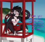  absurd_res anthro arume_lux atelid beach bottomwear clothing haplorhine hi_res jace_(arume_lux) lifeguard_tower male mammal monkey new_world_monkey primate seaside shorts solo spider_monkey text 