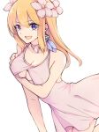  1girl arm_under_breasts blonde_hair blue_eyes breasts choker cleavage_cutout clothing_cutout dr._stone dress dutch_angle earrings feather_earrings feathers flower hair_flower hair_ornament jewelry large_breasts long_hair maru_(pixiv51714255) pink_choker pink_dress ribbon_choker ruri_(dr._stone) solo white_background 