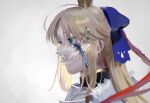  1girl ahoge artoria_caster_(fate) artoria_caster_(third_ascension)_(fate) artoria_pendragon_(fate) bad_anatomy bangs blonde_hair blue_ribbon bug crown dragonfly facial_mark fate/grand_order fate_(series) forehead_mark from_side green_eyes highres long_hair parted_bangs profile ribbon ubwmitekure white_background 