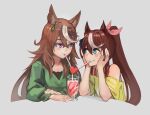  2girls animal_ears blue_eyes blush brown_hair casual drinking_straw eye_contact glasses horse_ears long_hair looking_at_another multicolored_hair multiple_girls non-web_source official_alternate_costume paintrfiend purple_eyes sharing_food simple_background smile symboli_rudolf_(umamusume) tokai_teio_(umamusume) two-tone_hair umamusume yuri 