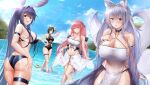  :d absurdres azur_lane bangs bare_shoulders blue_sky blush breasts cleavage closed_mouth cloud collarbone day english_commentary full_body groin hair_between_eyes highres irkawaza looking_at_viewer midriff navel new_jersey_(azur_lane) open_mouth outdoors perseus_(azur_lane) shinano_(azur_lane) sidelocks sky smile standing ulrich_von_hutten_(azur_lane) 