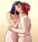  2girls artist_name blue_hair breasts caitlyn_(league_of_legends) cleavage dress kiss league_of_legends multiple_girls neck_tattoo red_hair short_hair talt_lo tattoo vi_(league_of_legends) wedding wedding_dress white_dress yuri 