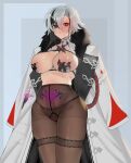  1girl absurdres arlecchino_(genshin_impact) bangs black_eyes black_hair blush brashear_lushert breasts cleavage closed_mouth coat covered_nipples fur-trimmed_coat fur_trim genshin_impact hair_between_eyes highres large_breasts looking_at_viewer multicolored_hair pantyhose pubic_tattoo red_pupils short_hair solo streaked_hair symbol-shaped_pupils tattoo thigh_strap two-tone_hair white_coat white_hair x-shaped_pupils 