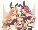  3girls ;d alternate_costume angela_(seiken_densetsu_3) animal_ears bare_shoulders black_gloves black_hairband black_leotard blonde_hair blue_eyes blush breast_envy breast_press breast_rest breasts breasts_on_head charlotte_(seiken_densetsu_3) cleavage detached_collar elbow_gloves fake_animal_ears fake_tail gloves green_eyes hairband hand_on_hip large_breasts leotard long_hair looking_at_viewer midriff mii_(03miiy) multiple_girls navel one_eye_closed playboy_bunny pointy_ears purple_hair rabbit_ears rabbit_tail riesz seiken_densetsu seiken_densetsu_3 smile strapless strapless_leotard suspenders sweatdrop tail very_long_hair wavy_hair wrist_cuffs 