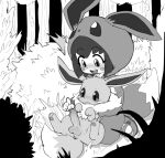  absurdres animal_ears blush cosplay eevee eevee_(cosplay) flaccid forest hanuvo69 highres kneeling monochrome nature outdoors penis pokemon seiza sitting sitting_on_person tail 