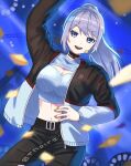  1girl alternate_costume ban_hada belt black_belt black_choker black_jacket black_pants blue_eyes breasts choker cleavage cleavage_cutout clothing_cutout confetti floating_hair grey_hair headset highres jacket korean_commentary looking_at_viewer navel nijisanji nijisanji_kr pants ponytail rockoon smile solo virtual_youtuber 