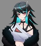  1girl :3 bangs black_hair black_jacket black_tank_top blue_hair blush breasts closed_mouth commentary_request crop_top cropped_sweater demon_girl demon_horns earrings fang fang_out fur_jacket grey_background grey_sweater horns jacket jewelry long_hair looking_at_viewer multicolored_hair navel off_shoulder official_alternate_costume pendramon pointy_ears red_eyes shishio_chris simple_background single_bare_shoulder small_breasts smile solo sugar_lyric sweater tank_top two-tone_hair upper_body virtual_youtuber 