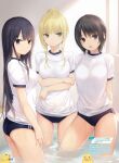  3girls aoyama_sumika arms_behind_back ass bangs black_hair blonde_hair breasts brown_eyes brown_hair closed_mouth coffee-kizoku floating green_eyes gym_shirt gym_shorts gym_uniform hair_bun highres indoors long_hair looking_at_viewer medium_breasts mele_retanagua multiple_girls open_mouth original page_number partially_submerged purple_eyes rubber_duck shiny shiny_hair shiny_skin shiramine_rika shirt short_hair short_sleeves shorts simple_background thighs water water_drop wet 