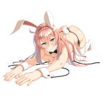  1girl absurdres all_fours animal_ears ass blush breasts danfer3 green_eyes highres long_hair looking_at_viewer original pink_hair rabbit_ears rabbit_tail smile solo tail transparent_background 