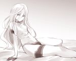  1girl bangs bed bed_sheet black_gloves closed_mouth dot_mouth gloves hair_between_eyes half_gloves highres ishiyumi leotard long_hair looking_at_viewer monochrome original sitting solo white_eyes white_hair white_leotard 