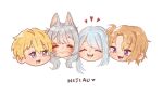  2boys 2girls ^_^ animal_ear_fluff animal_ears ban_hada bangs blue_eyes closed_eyes english_commentary fangs fox_ears fox_girl grey_hair hair_behind_ear heart highres lillie_(uhlillie) luca_kaneshiro medium_hair multiple_boys multiple_girls nijisanji nijisanji_en nijisanji_kr nina_kosaka open_mouth purple_eyes short_sidetail smile sonny_brisko virtual_youtuber 