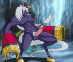  abs anthro balls bandai_namco body_hair digimon digimon_(species) equid equine erection genitals hair hazker hi_res hooves horn horse indramon male mammal muscular muscular_anthro muscular_male nipples nude pubes purple_body solo white_hair 