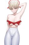  1girl acaa arm_behind_head armpits bangs blonde_hair blue_archive bra breasts cowboy_shot crotch_seam frilled_bra frills halo highres large_breasts light_smile looking_at_viewer marina_(blue_archive) panties red_bra revealing_clothes short_hair simple_background skindentation solo strapless strapless_bra thigh_gap underwear white_background white_panties yellow_eyes 