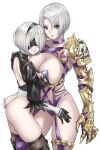  2girls armor ass backless_leotard bangs blindfold blue_eyes boots breasts commission feather_trim gauntlets gloves hairband highleg highleg_leotard highres isabella_valentine large_breasts leotard lips long_sleeves looking_at_viewer medium_breasts mole mole_under_mouth multiple_girls nier_(series) nier_automata nyatokanyaru parted_lips puffy_short_sleeves puffy_sleeves purple_leotard short_hair short_sleeves shoulder_armor simple_background skeb_commission soulcalibur thigh_boots thighhighs thighs turtleneck white_background white_hair yorha_no._2_type_b 