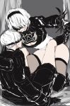  1boy 1girl black_blindfold black_footwear black_gloves black_hairband black_jacket black_shorts blindfold boots breasts choker cleavage cleavage_cutout clothing_cutout full_body gloves hairband jacket juliet_sleeves kneeling legs_up leotard long_sleeves medium_breasts mole mole_under_mouth nier_(series) nier_automata puffy_sleeves short_hair shorts sitting sweatdrop thighhighs thighs tomo_(552252) white_hair yorha_no._2_type_b yorha_no._9_type_s 