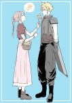  1boy 1girl aerith_gainsborough akebi_(kakuri) armor baggy_pants belt blue_background boots border braid braided_ponytail brown_hair buster_sword cloud_strife cropped_jacket dress final_fantasy final_fantasy_vii final_fantasy_vii_remake flower flower_basket full_body hair_ribbon holding holding_flower long_dress long_hair looking_at_another pants pink_ribbon profile ribbon short_hair short_sleeves shoulder_armor sleeveless sleeveless_turtleneck speech_bubble spiked_hair suspenders sweatdrop turtleneck weapon weapon_on_back yellow_flower 