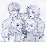  2boys 2girls animal_ears arm_around_shoulder ban_hada blue_theme cellphone collarbone fangs fox_ears holding holding_phone jacket kat_(kastartss) long_hair looking_at_viewer luca_kaneshiro medium_hair monochrome multiple_boys multiple_girls nijisanji nijisanji_en nijisanji_kr nina_kosaka one_eye_closed phone ribbed_sweater smartphone smile sonny_brisko sweater virtual_youtuber 