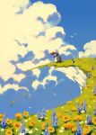  bird character_request cloud cloudy_sky commentary day field flower flower_field highres jauni_(tofublock) landscape no_humans outdoors scenery sky tonari_no_totoro totoro umbrella 