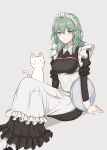  1girl absurdres alternate_costume apron banned_artist black_footwear breasts byleth_(fire_emblem) byleth_(fire_emblem)_(female) cat english_text enmaided fire_emblem fire_emblem:_three_houses green_eyes grey_background hair_between_eyes highres long_hair looking_at_viewer maid maid_apron maid_headdress medium_breasts pantyhose shimizu_akina smile solo tray white_pantyhose 